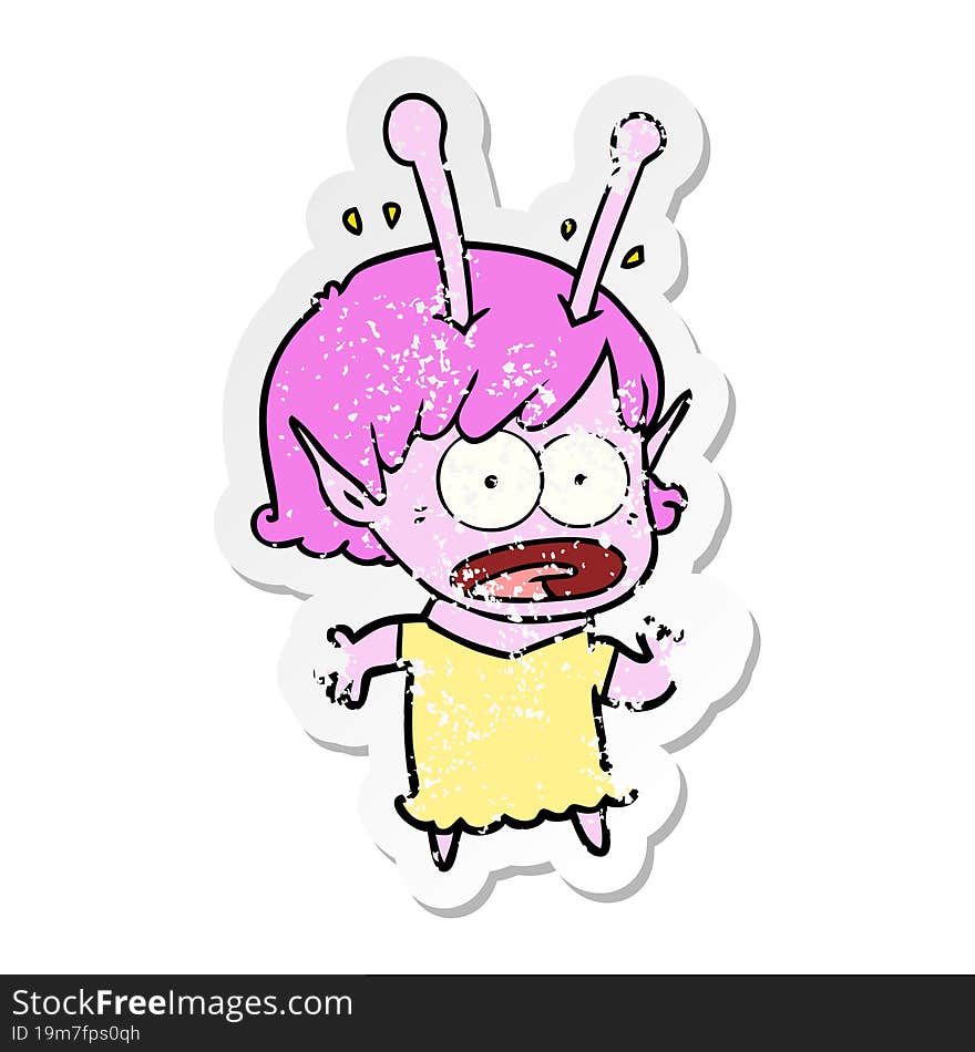 distressed sticker of a cartoon shocked alien girl