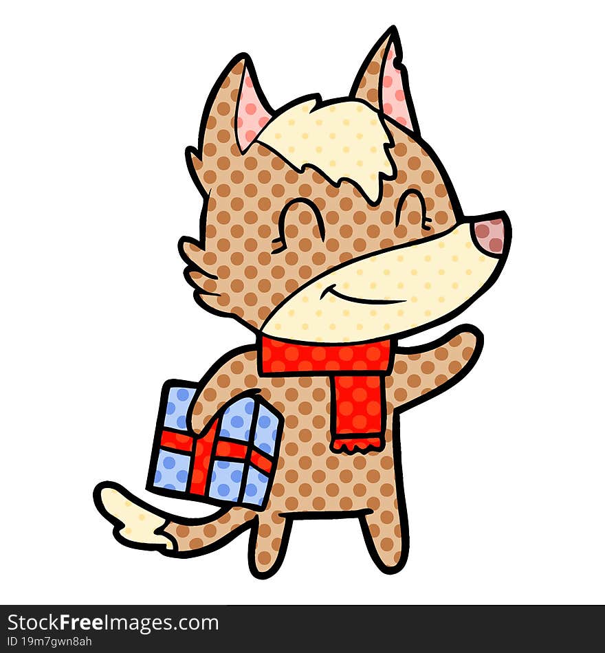 friendly cartoon wolf with present. friendly cartoon wolf with present