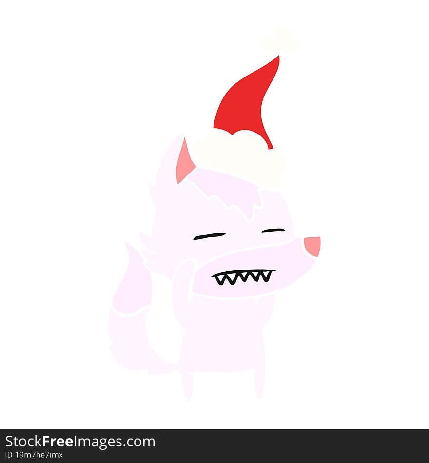 hand drawn flat color illustration of a wolf showing teeth wearing santa hat