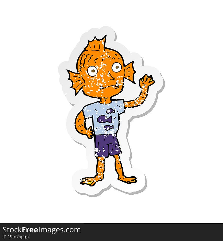 retro distressed sticker of a cartoon waving fish boy