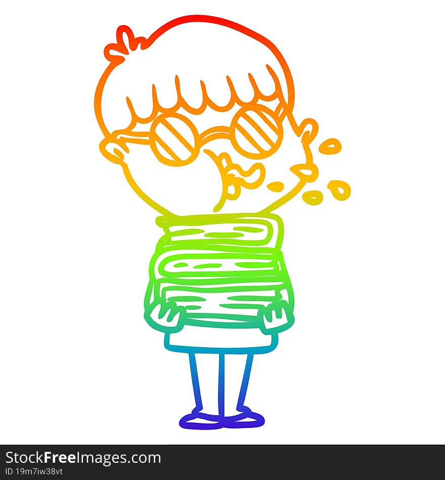 Rainbow Gradient Line Drawing Cartoon Boy Wearing Dark Glasses Carrying Books