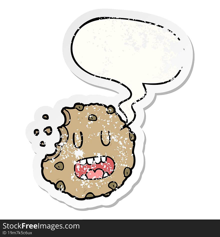 cartoon cookie with speech bubble distressed distressed old sticker. cartoon cookie with speech bubble distressed distressed old sticker