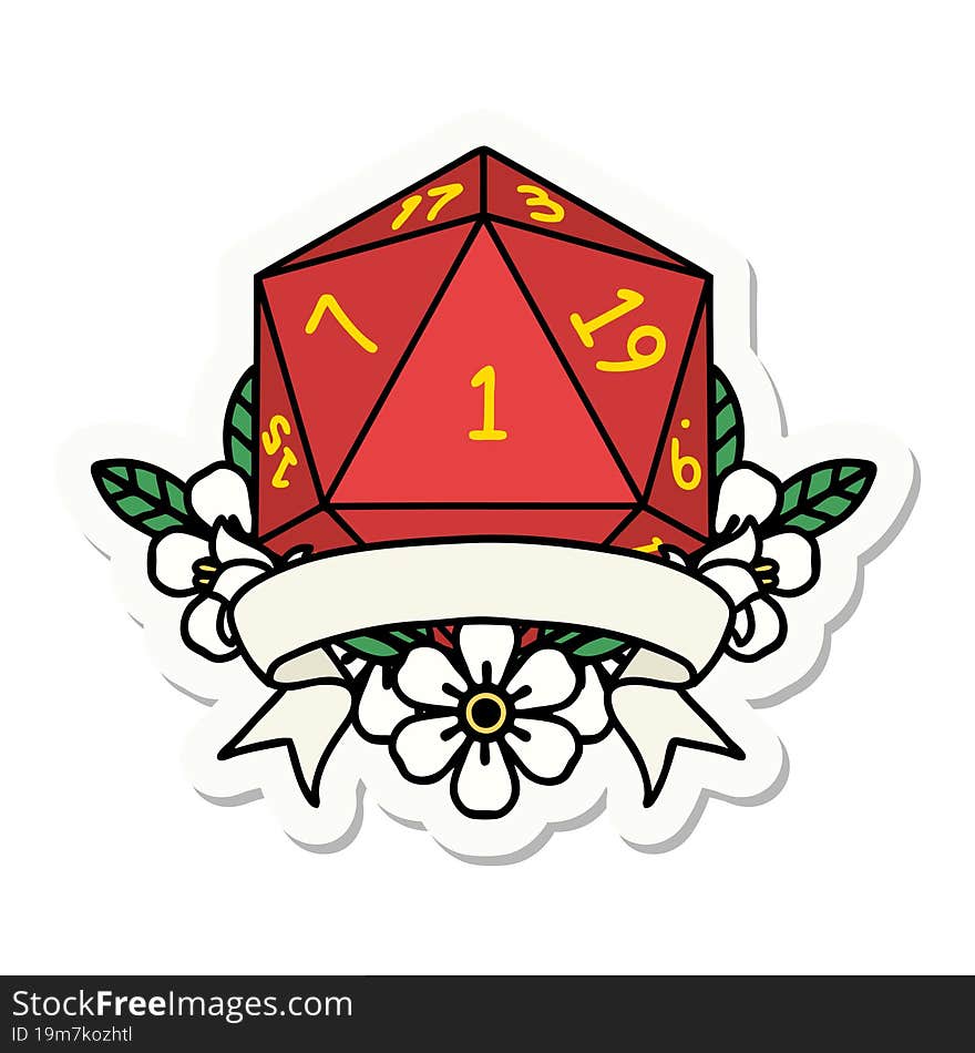 sticker of a natural one d20 dice roll. sticker of a natural one d20 dice roll