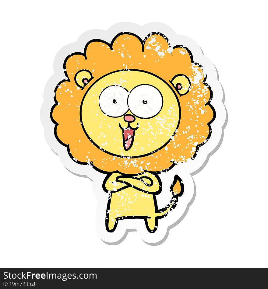 distressed sticker of a happy cartoon lion