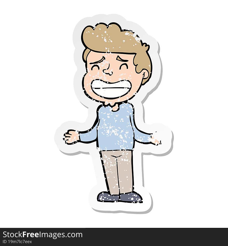 distressed sticker of a cartoon boy shrugging