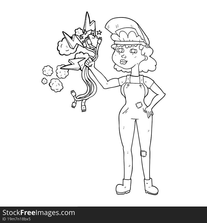 black and white cartoon electrician woman