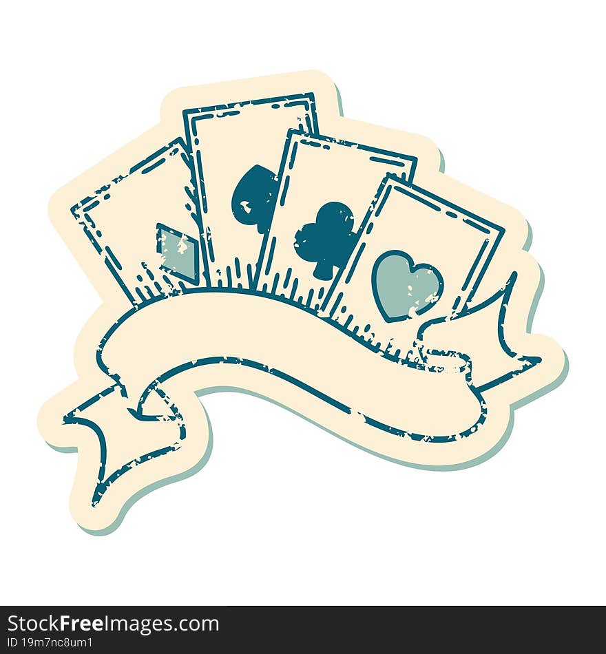 distressed sticker tattoo style icon of cards and banner