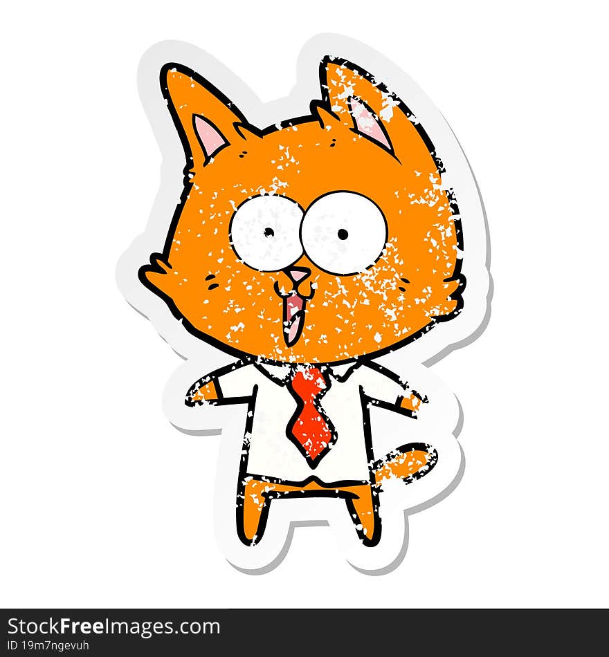 distressed sticker of a funny cartoon cat wearing shirt and tie