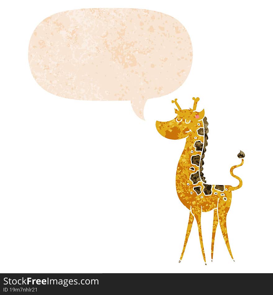 cartoon giraffe and speech bubble in retro textured style