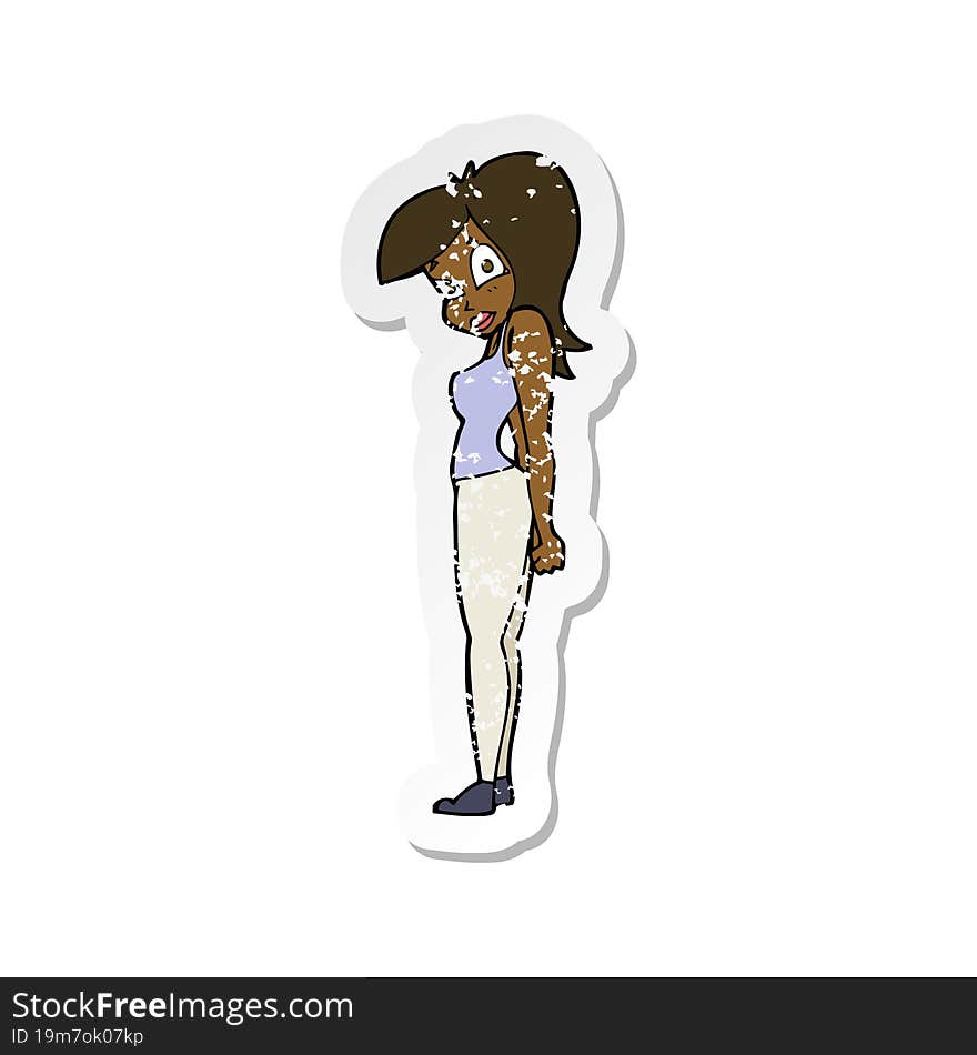 retro distressed sticker of a cartoon pretty woman