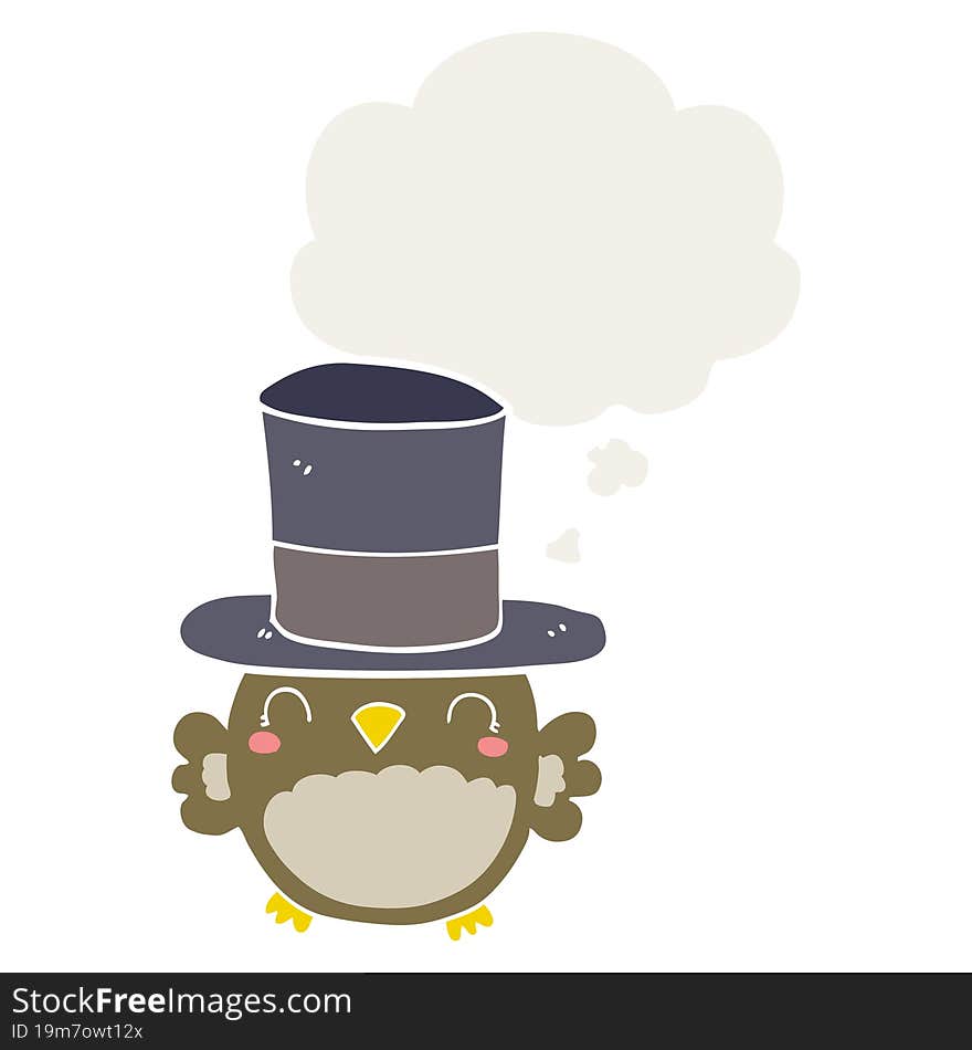 Cartoon Owl Wearing Top Hat And Thought Bubble In Retro Style