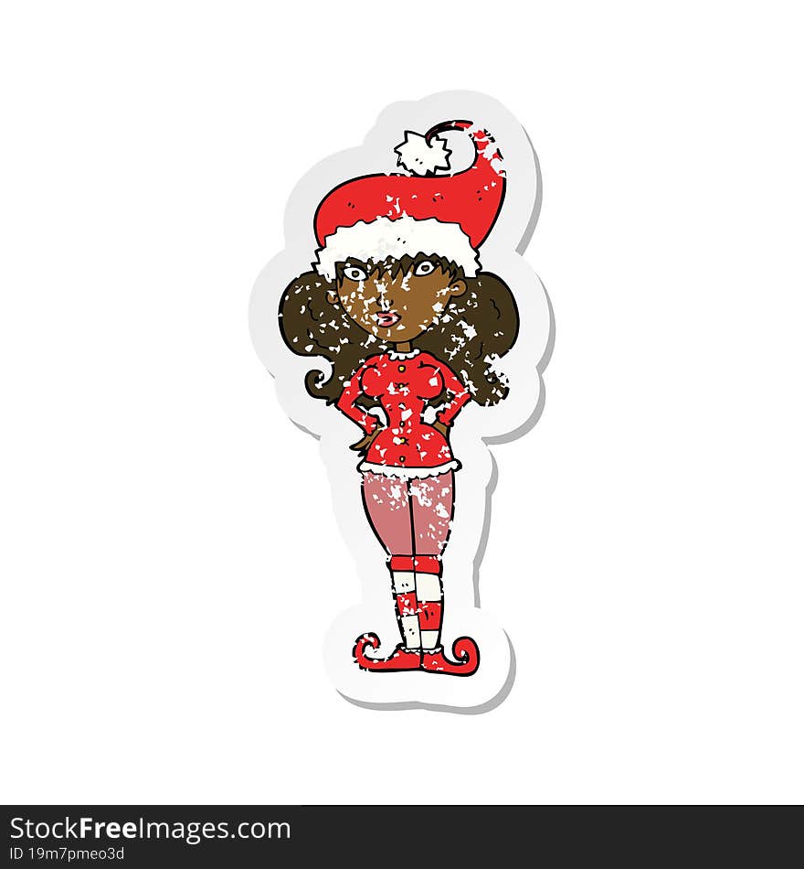 Retro Distressed Sticker Of A Cartoon Santas Helper Woman