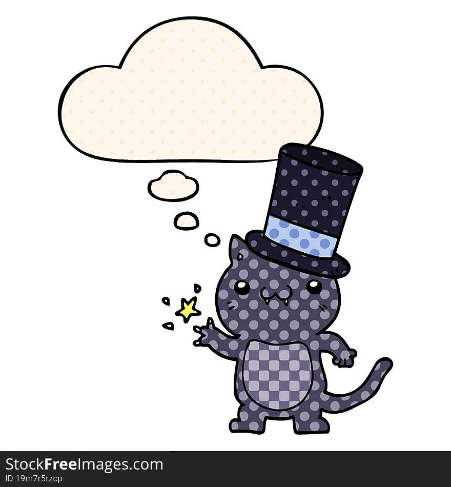 cartoon cat wearing top hat and thought bubble in comic book style