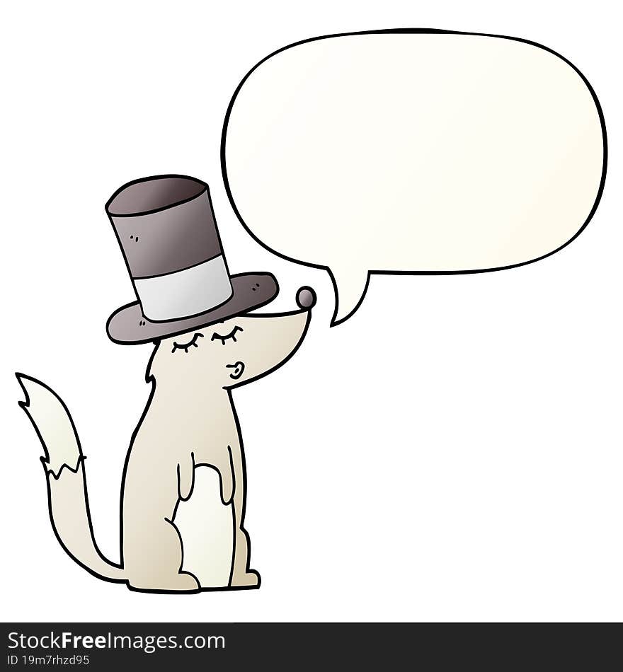 cartoon wolf whistling wearing top hat and speech bubble in smooth gradient style