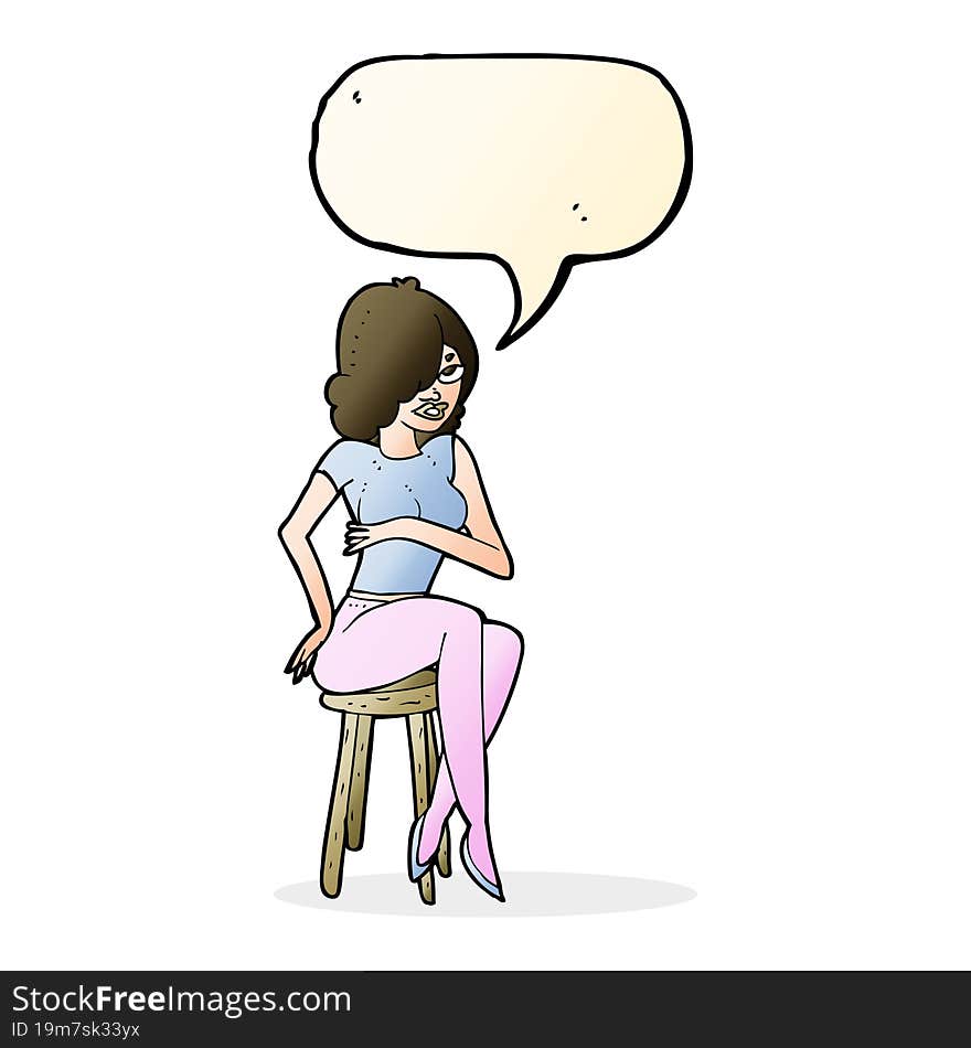 cartoon woman sitting on bar stool with speech bubble