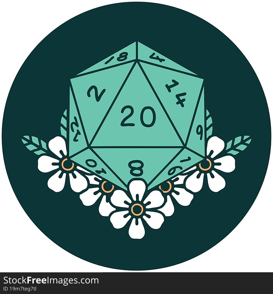 natural 20 D20 dice roll with floral elements icon