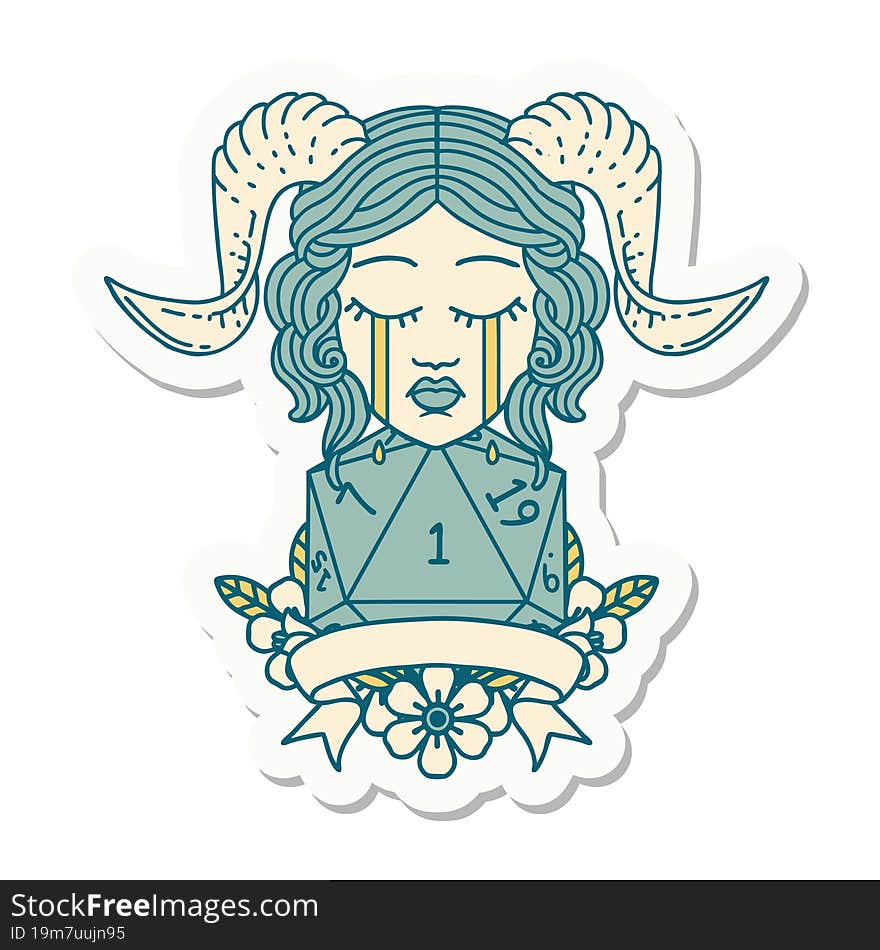 sticker of a crying tiefling with natural one D20 dice roll. sticker of a crying tiefling with natural one D20 dice roll