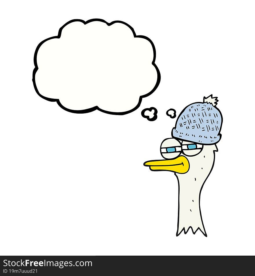 thought bubble cartoon bird wearing hat