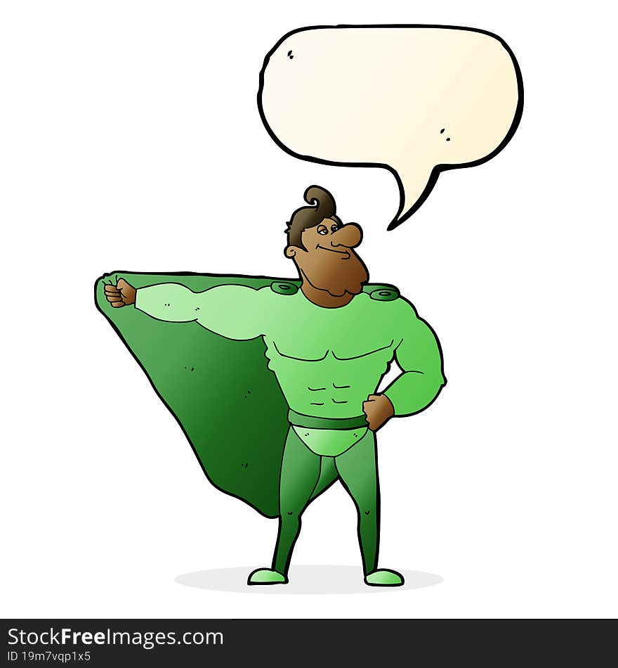 funny cartoon superhero with speech bubble