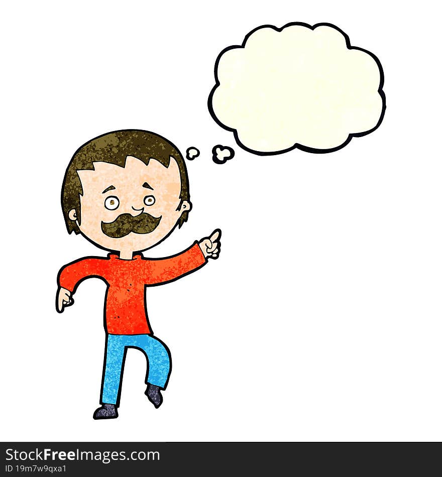 Cartoon Man With Mustache Pointing With Thought Bubble