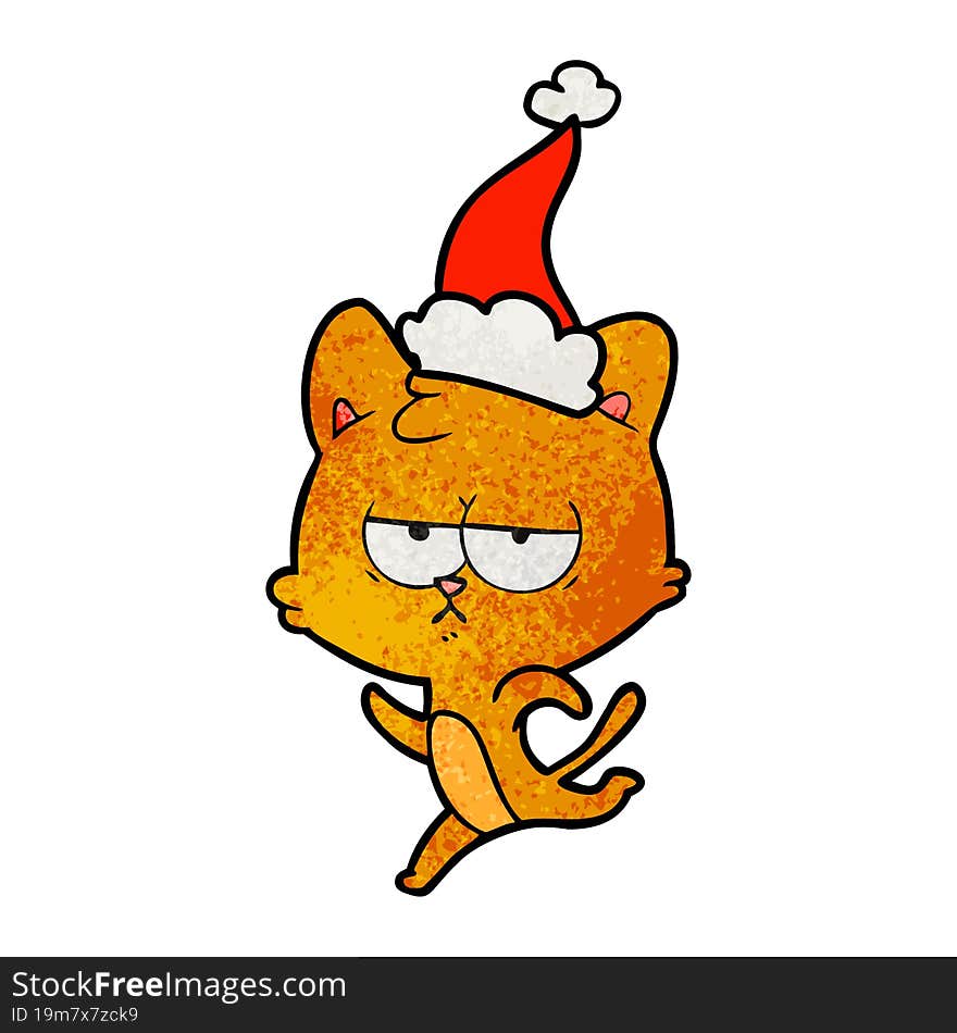 bored textured cartoon of a cat wearing santa hat