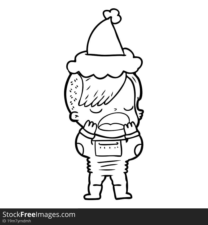 Line Drawing Of A Cool Hipster Girl In Space Suit Wearing Santa Hat