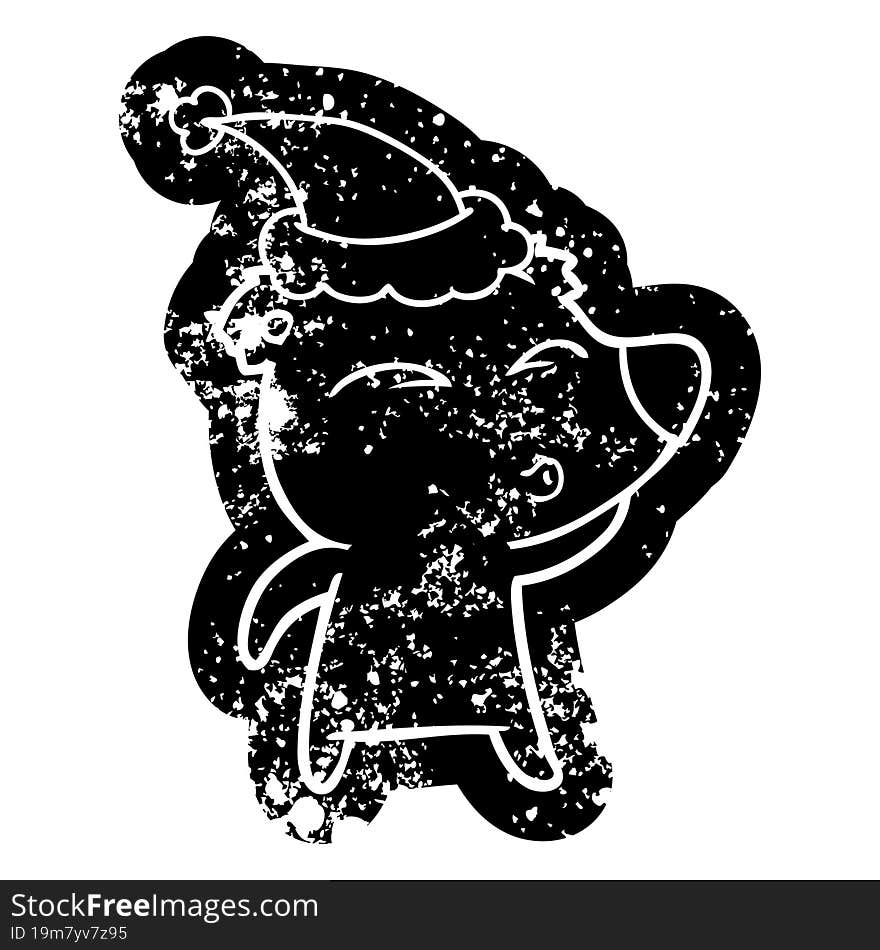 cartoon distressed icon of a whistling bear wearing santa hat