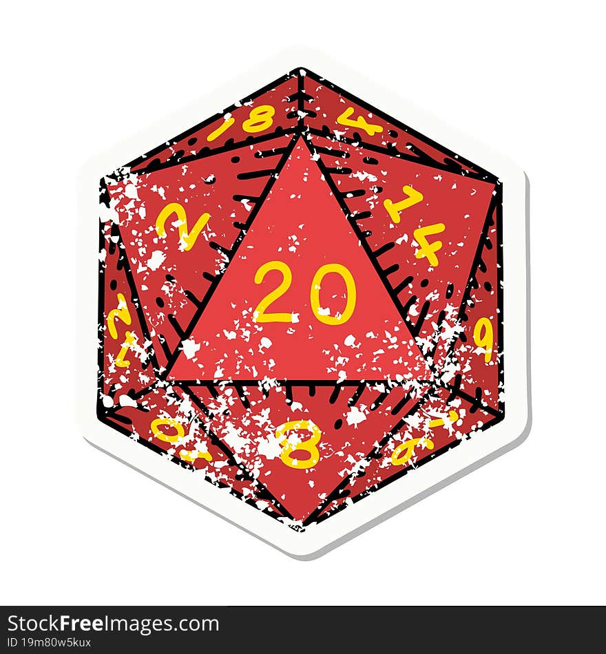 grunge sticker of a natural 20 D20 dice roll. grunge sticker of a natural 20 D20 dice roll