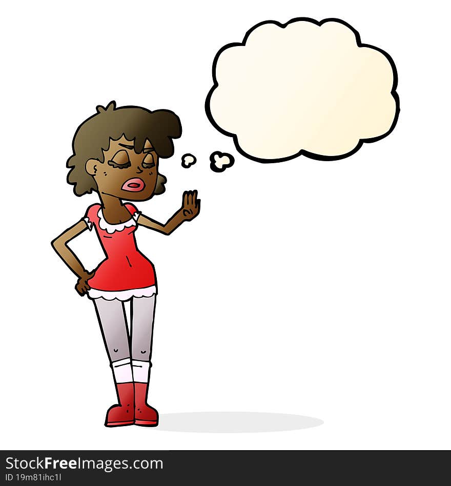 cartoon woman making dismissive gesture with thought bubble