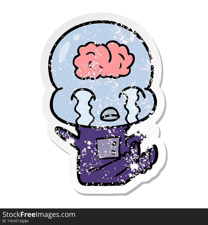 Distressed Sticker Of A Cartoon Big Brain Alien Crying