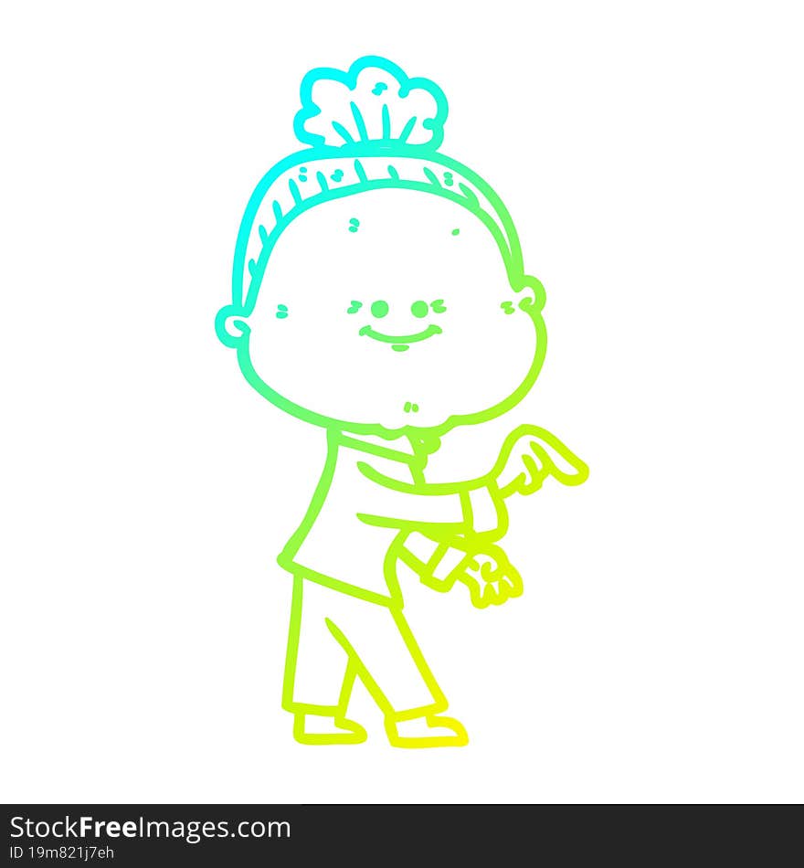 cold gradient line drawing of a cartoon happy old woman