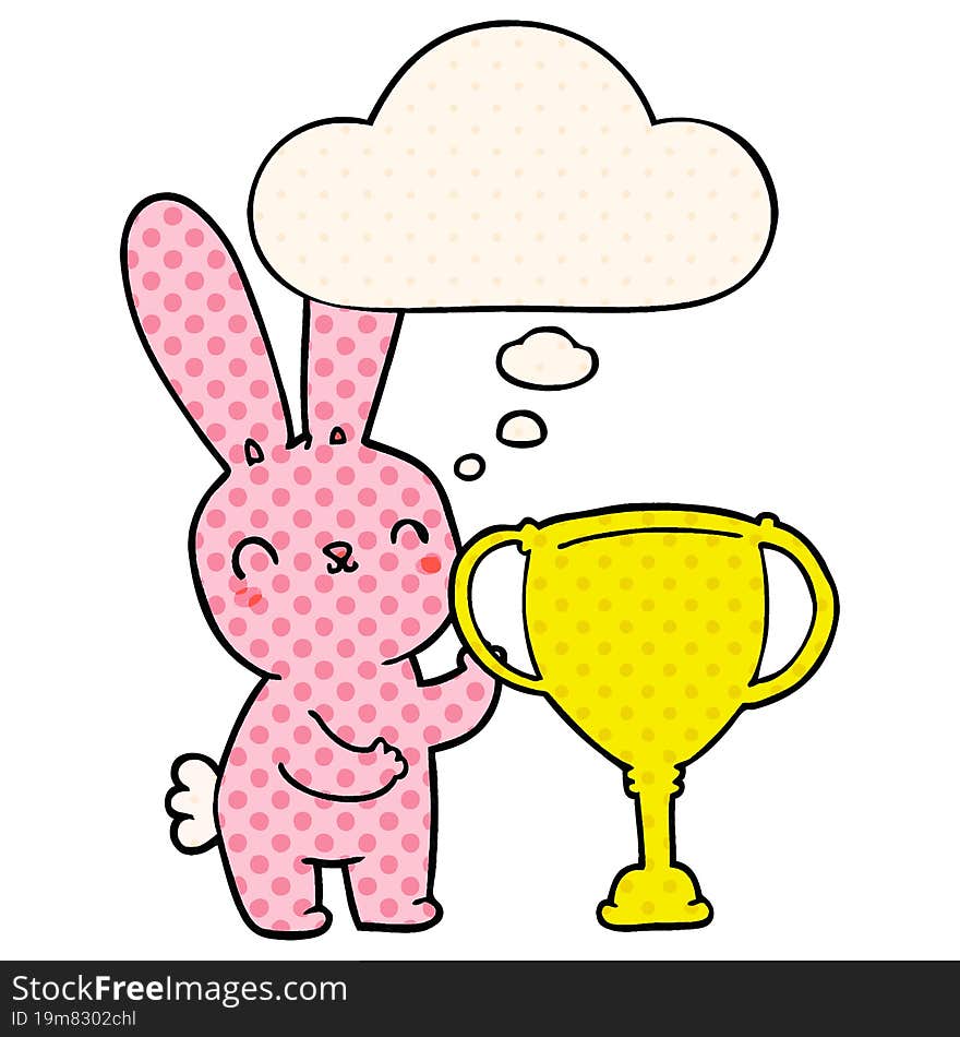 cute cartoon rabbit with sports trophy cup with thought bubble in comic book style