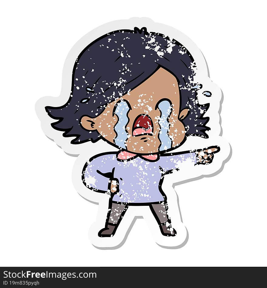 distressed sticker of a cartoon woman crying