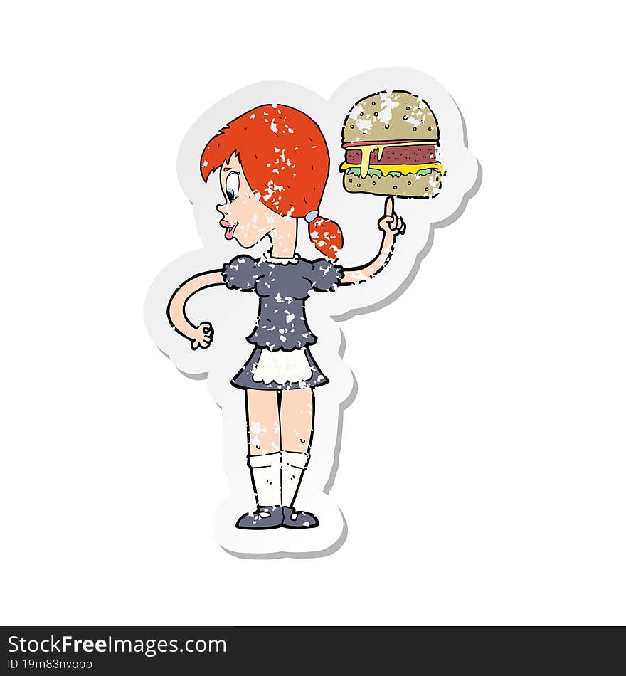 retro distressed sticker of a cartoon waitress serving a burger