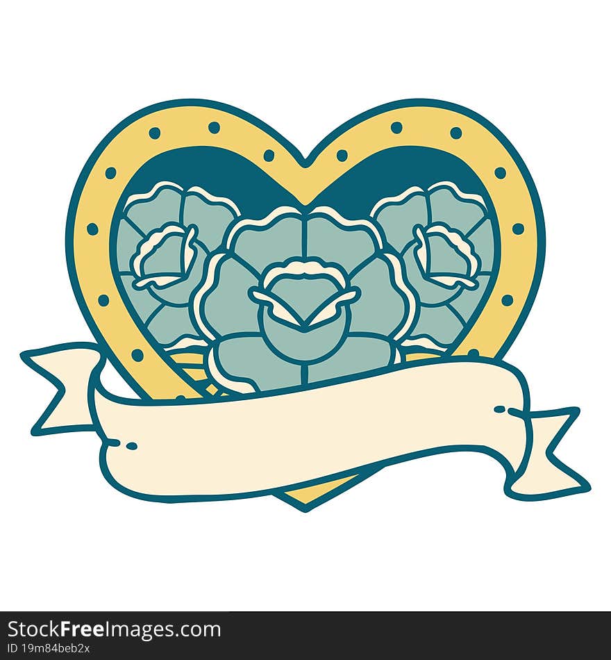 Tattoo Style Icon Of A Heart And Banner With Flowers