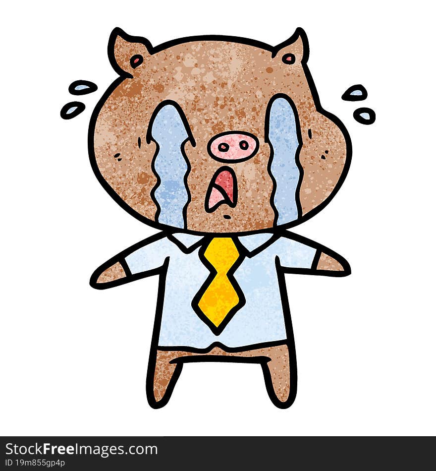 crying pig cartoon wearing human clothes. crying pig cartoon wearing human clothes