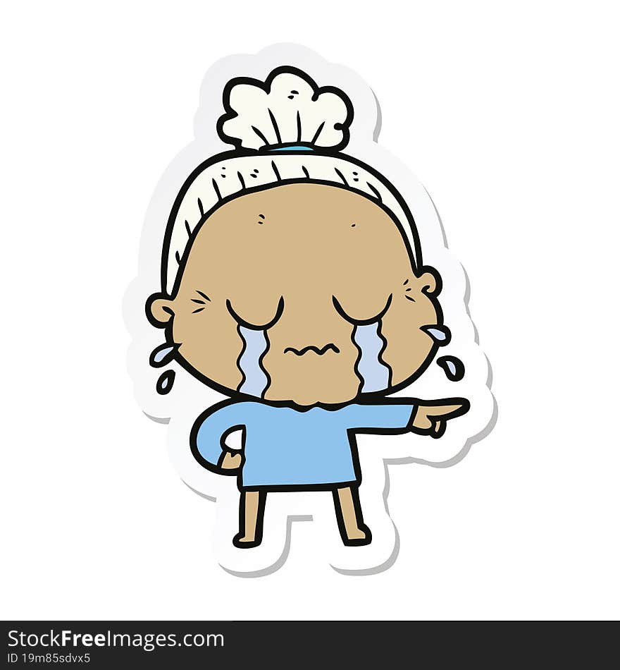 Sticker Of A Cartoon Crying Old Lady