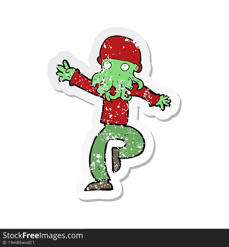 retro distressed sticker of a cartoon alien monster man