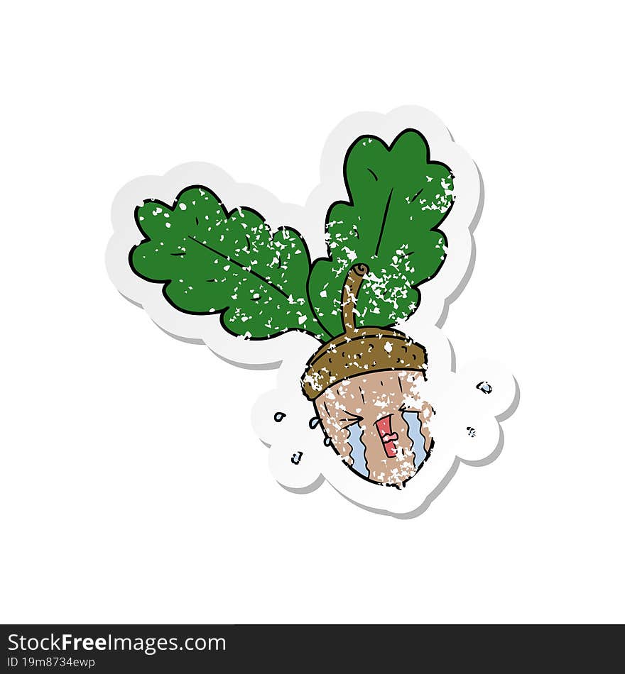 distressed sticker of a cartoon crying acorn