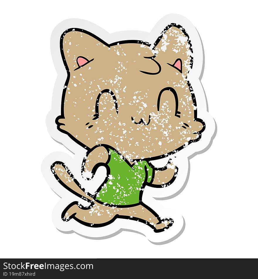 Distressed Sticker Of A Cartoon Happy Cat Running