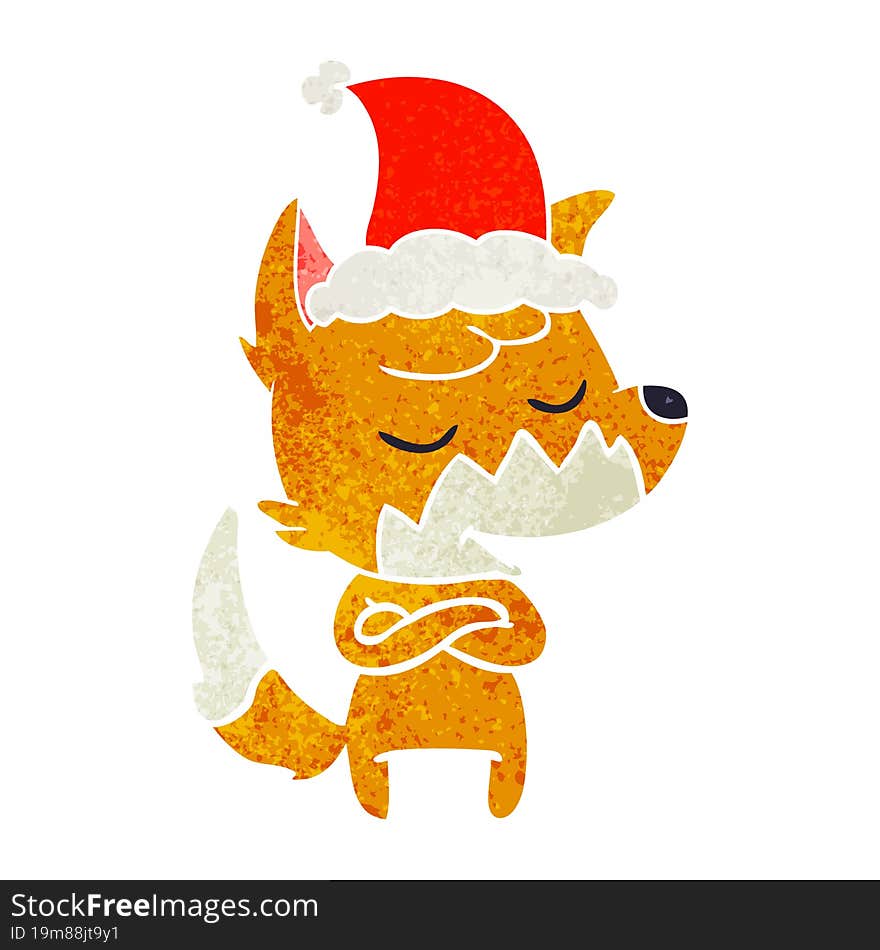 friendly retro cartoon of a fox wearing santa hat