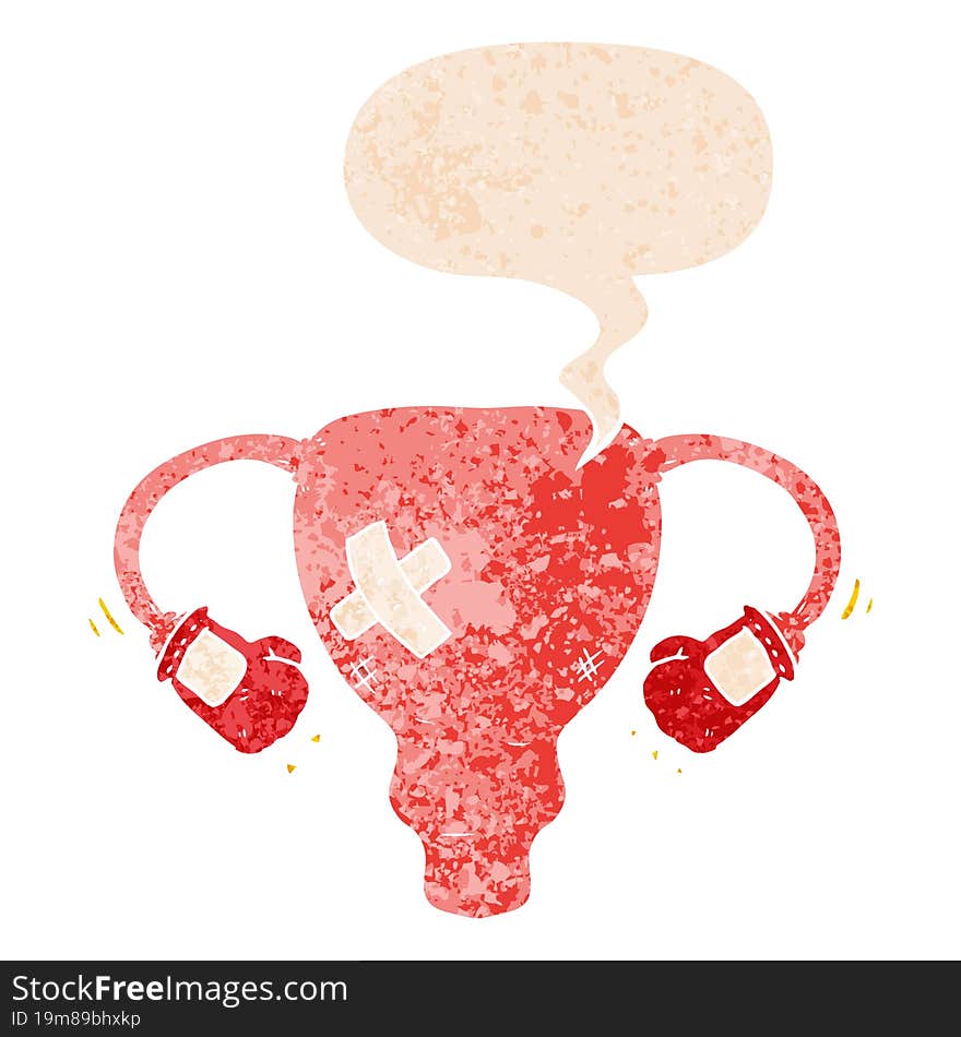 cartoon beat up uterus with boxing gloves and speech bubble in retro textured style