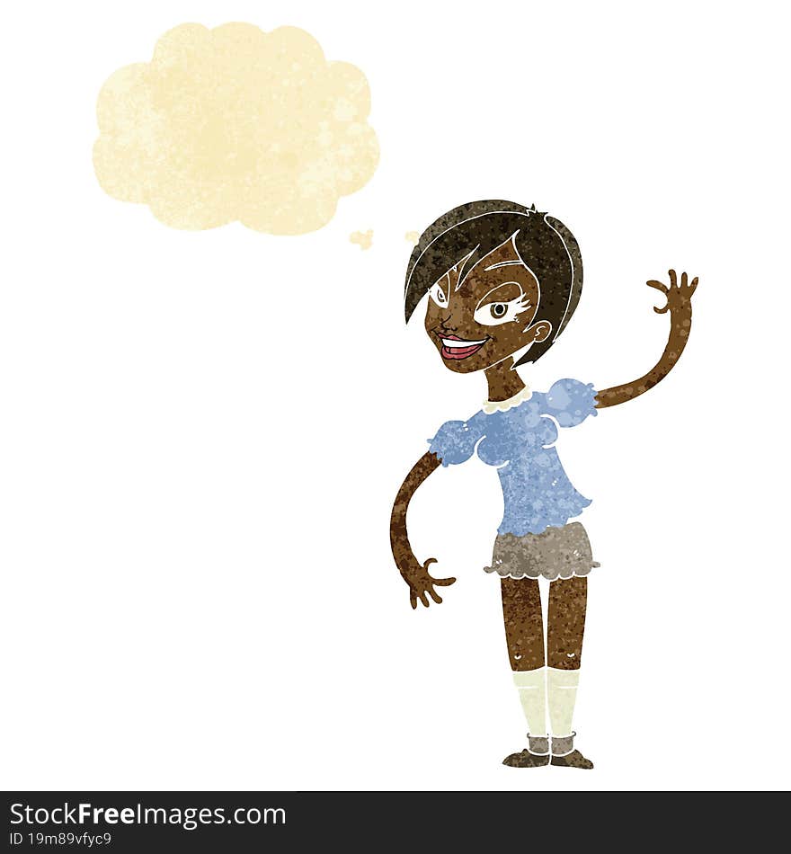 Cartoon Girl Waving With Thought Bubble