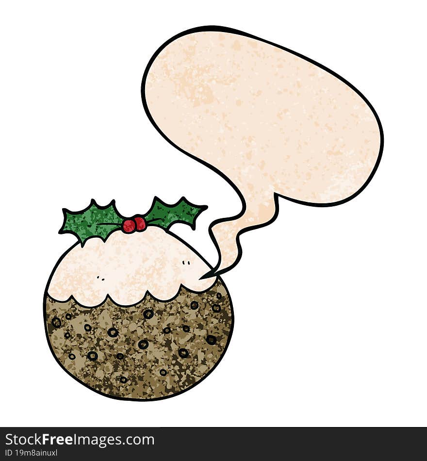 cartoon christmas pudding and speech bubble in retro texture style