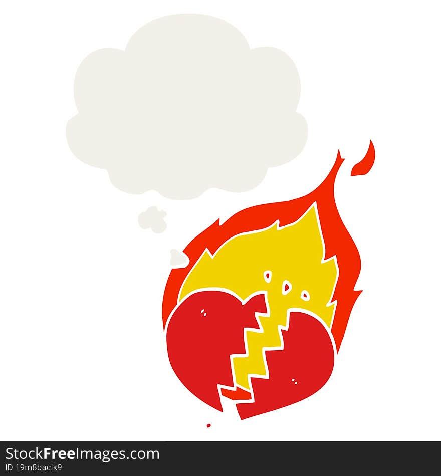 cartoon flaming heart and thought bubble in retro style