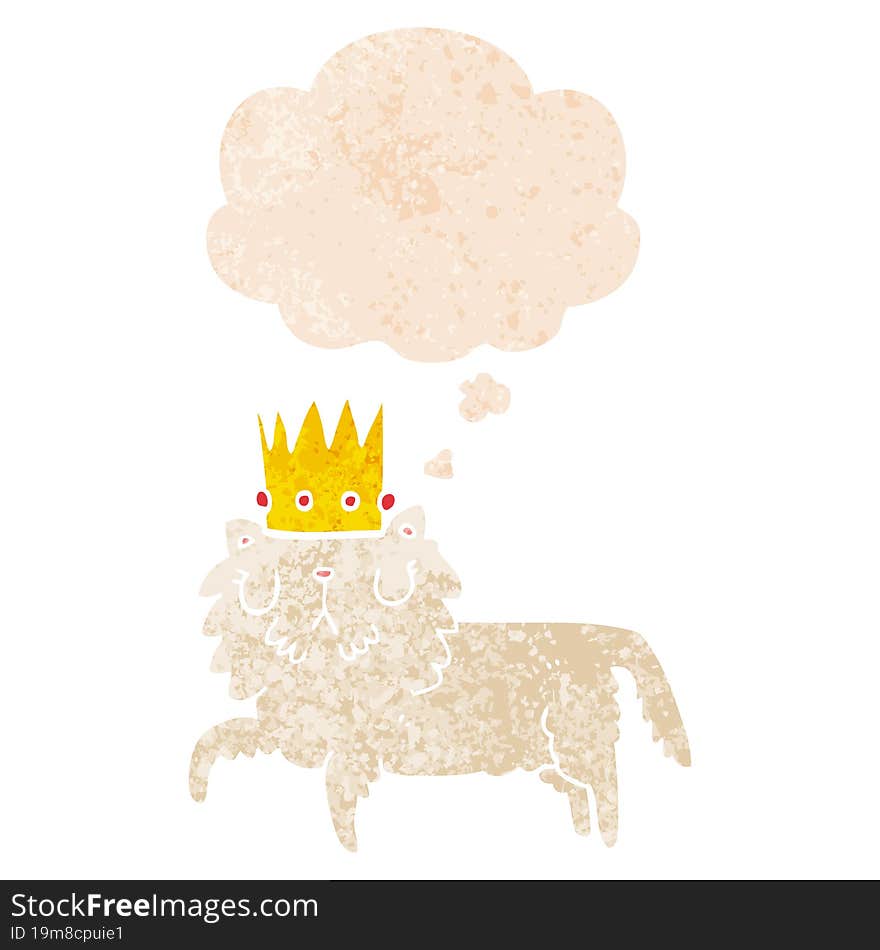 cartoon cat wearing crown and thought bubble in retro textured style