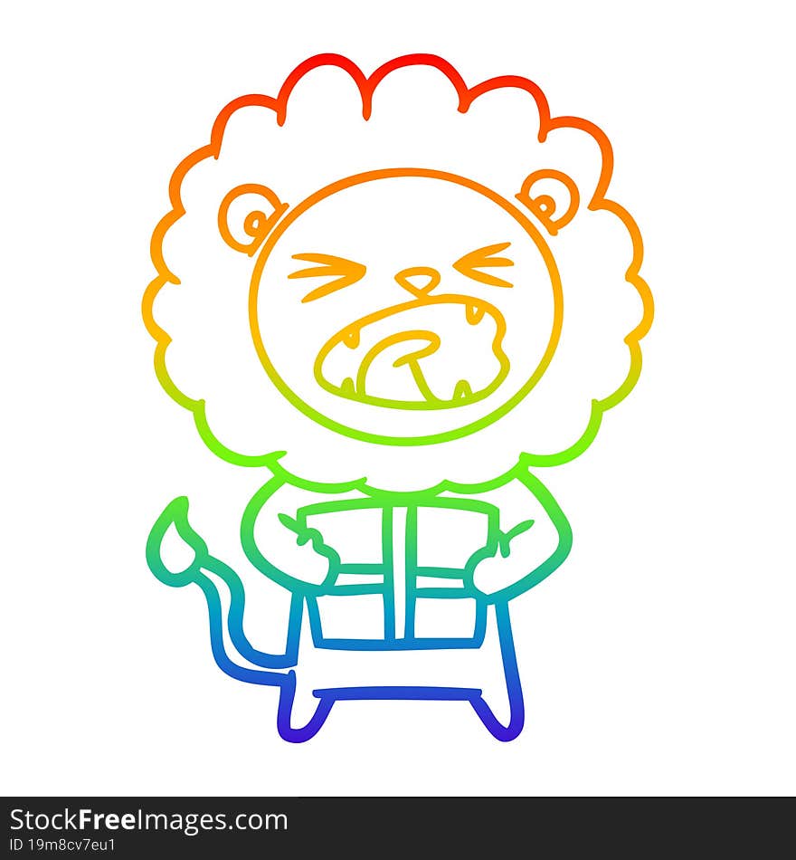 rainbow gradient line drawing cartoon lion with christmas present