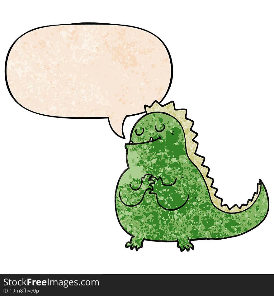 cartoon dinosaur and speech bubble in retro texture style