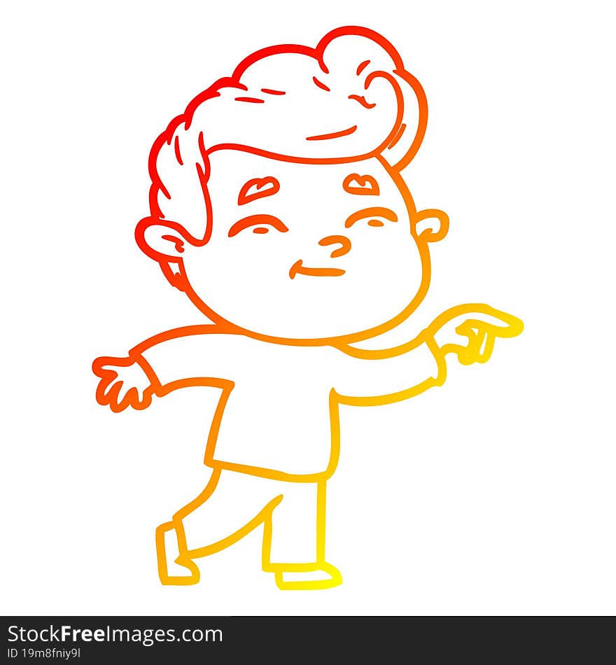 warm gradient line drawing of a happy cartoon man pointing