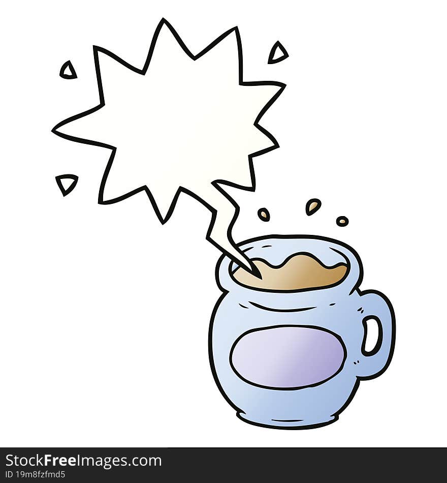 cartoon mug of coffee with speech bubble in smooth gradient style